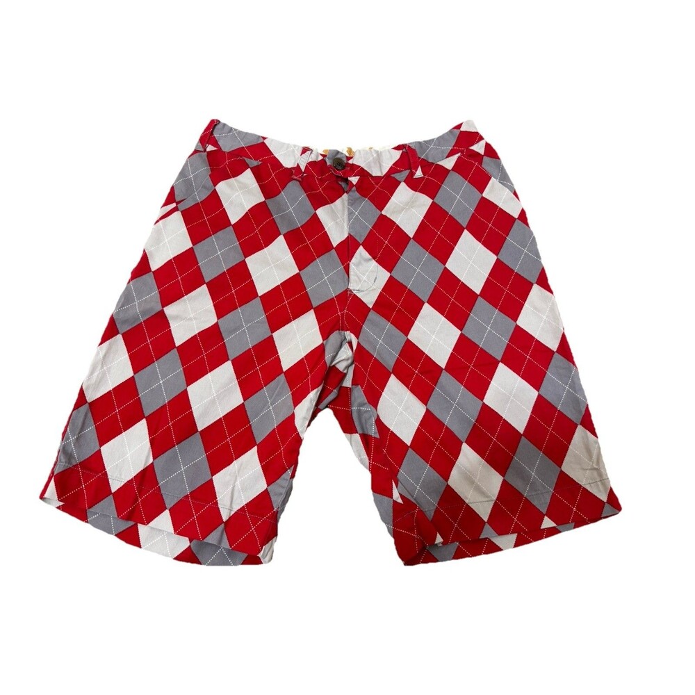 LoudMouth Shorts Mens 34 Red Gray White Argyle 11" Golf Classic Preppy